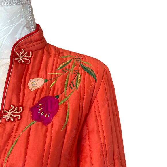 Retro Salmon Pink Embroidered Floral Satin Silk Kimono Puffy Jacket Size Small - Picture 14 of 16